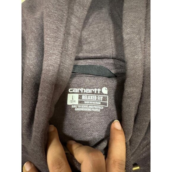 Carhartt Women's L Hoodie Purple Blackberry Heather Sleeve Logo Midweight 12-14 - Picture 3 of 4